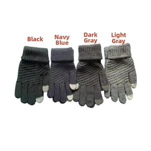 Close-up of winter knit gloves in black, navy, and grey with ribbed cuffs and touchscreen tips