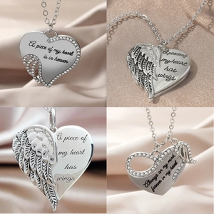 Angel Wing Heart Pendant Necklace Alloy Rhinestone Memorial Sentimental Engraved Jewelry For Women