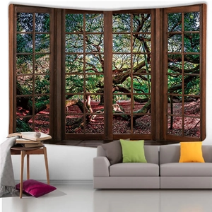 Detailed 3D landscape forest tapestry hanging over a minimalist sofa in a dorm room decor