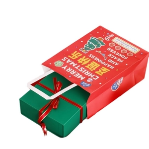 Christmas gift set with red paper bag and green square box featuring gold-trimmed silk bow