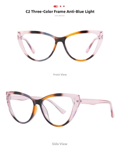 Front and side views of cat-eye anti-blue light glasses with tri-color mosaic frame