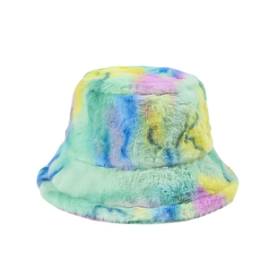 Faux rabbit fur bucket hat with colorful tie-dye pattern for winter warmth and style