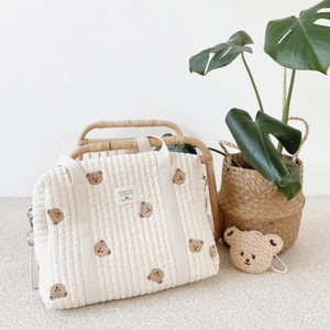 Ins-style quilted mommy bag with bear embroidery and matching bear charm pendant
