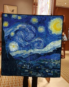 Detailed view of large square silk scarf featuring Van Gogh Starry Night oil painting print