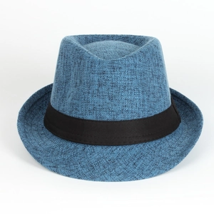 Classic blue linen fedora hat for men with black ribbon trim on white background