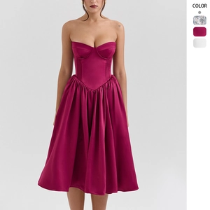 Abito Midi Elegante Senza Spalline Da Donna Satén Bustino Corsetto Gonna Pieghe Schiena Scoperta Festa Sera Formale Cocktail