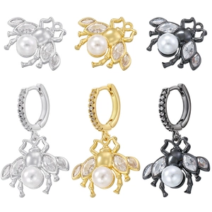 Creative copper bee earrings set with pearls and zircon in gold, silver, and gun black