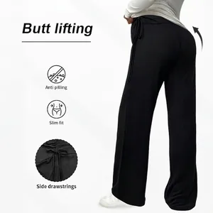 Women's black high waisted straight maternity trousers with adjustable drawstring and butt lifting