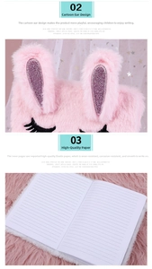 Close-up of pink plush bunny notebook with 3D ears and premium lined Daolin paper