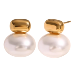 18K gold plated stainless steel stud earrings with small faux pearl design on white background