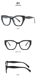 Three-angle views of glossy black cat-eye eyeglass frames showing front and side details