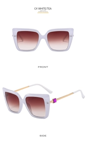 Front and side view of butterfly cat-eye white frame sunglasses with purple gem detail
