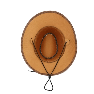 Detailansicht eines Western-Cowboyhuts mit verstellbarem Kinnriemen und Leder-Nähten