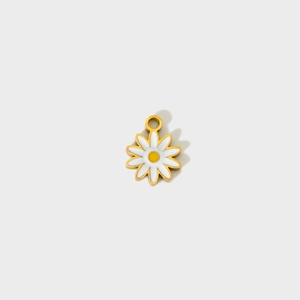 Gold plated stainless steel white daisy flower pendant with yellow center and hanging loop