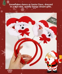 Detail of red plush Christmas headband with 3D Santa Claus and bear on spring coil