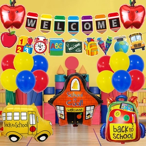 Back-to-School party decor set with school bus balloons and WELCOME banner