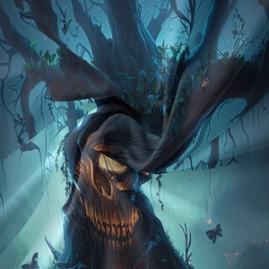 Detail of bohemian Halloween tapestry showing creepy tree face and soft fabric folds