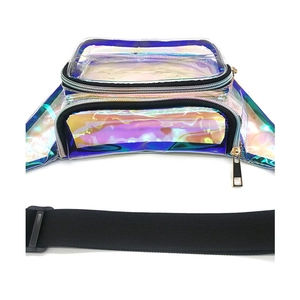 Holographic PVC clear waist bag with dual zippers and adjustable black nylon strap