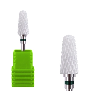White conical ceramic nail drill bit with cross-cut texture and green base
