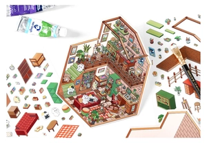 Detail view of isometric interior cottage stickers with watercolor art supplies