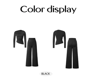 Front and back view of elegant black long sleeve top and wide leg trousers set
