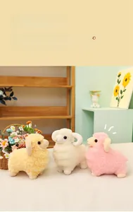 Three cute plush sheep dolls in pink, beige and yellow on a cozy home rug background