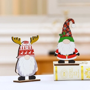 Christmas wooden gnome tabletop ornaments with reindeer antlers and plaid hats for DIY decor