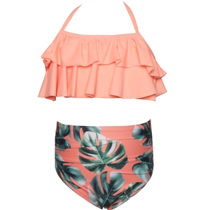 Girls' two-piece bikini set with peach ruffled halter top and tropical leaf print bottoms