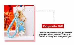 Detail of light blue slipper keychain with clover pattern and gold Chinese Cai charm