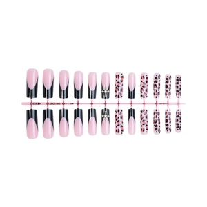 24pcs long coffin press-on nails with French leopard print and silver cross rhinestones