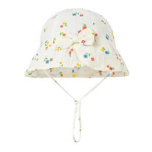 Detail view of cotton baby sun hat with floral print and adjustable drawstring chin strap