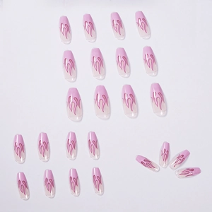 Long ballet press-on nails with pink gradient and flame patterns for women 24pcs set
