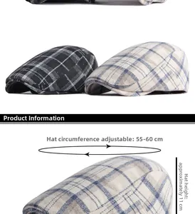 Detail view of classic wool plaid flat caps showing grey and blue check patterns