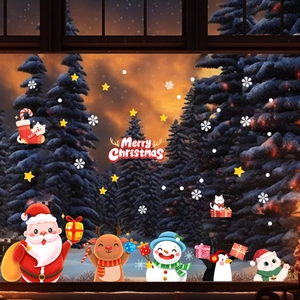 Christmas window decals with Santa Claus, snowman and reindeer on snowy forest background