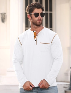 Detail of white Henley shirt with orange contrast stitching and buttoned neckline