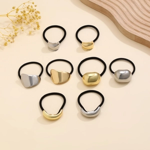 Minimalist elastic hair ties with gold and silver geometric metal accents in 8 designs
