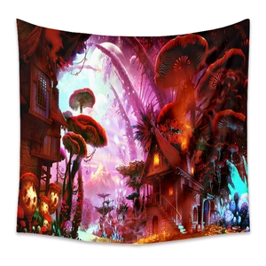 Detail of psychedelic forest tapestry showing glowing mushrooms and fairy tale wooden cottage