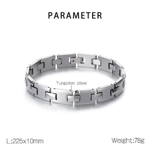 Detail view of silver tungsten steel bracelet with specific size and weight parameters