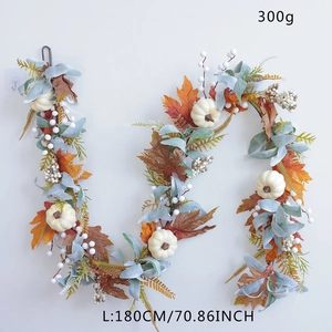 Artificial maple leaf garland with pumpkins and white berries for autumn decor, 180cm length