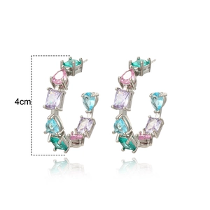 Silver C-hoop earrings with multicolor geometric zircon stones in a 4cm design