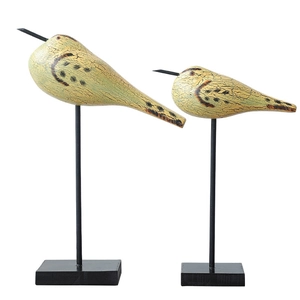 Lot de 2 oiseaux décoratifs nordiques en bois avec glaçage craquelé jaune et socle noir