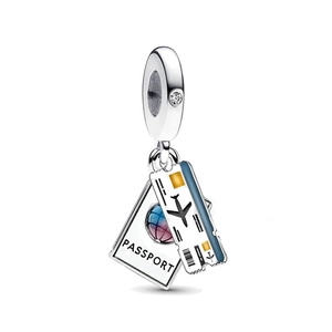 Silver passport and plane ticket charms with blue enamel details for travel bracelets
