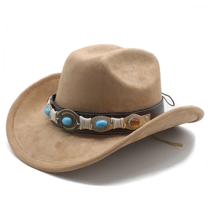 Western khaki felt cowboy hat with turquoise embellishments and suede finish
