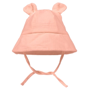 Detailansicht eines rosa Baby-Sonnenhuts mit süßen Ohren und praktischem Kinnriemen