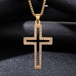 Iced out gold hollow cross pendant necklace with sparkling crystals on box chain