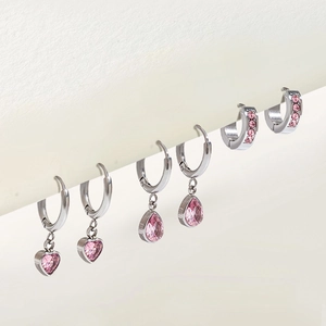 Three pairs of silver stainless steel earrings featuring pink zircon and heart pendants