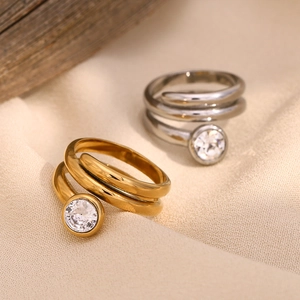 18K gold plated stainless steel spiral snake ring with sparkling white zircon stones