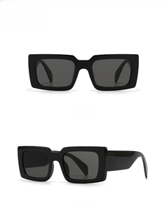 Front and 45-degree side views of classic retro black square frame sunglasses with dark lenses