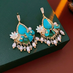 Orecchini Pendenti Etnici Bohemian Con Nappa A Fiore Turchese E Perno In Argento Per Donna Gioielli Retro
