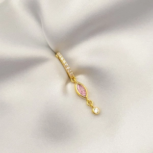 Elegant gold drop earrings with pink marquise zircon and sparkling crystals on silk